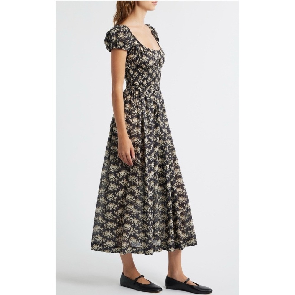 DOEN Quinley Dress Noir Rosier Floral Organic Cotton Smocked Midi XS